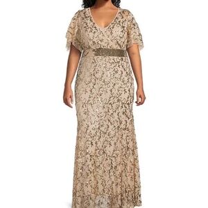 Godet Skirt V-Neck Short Flutter Sleeve Sequin Power Mesh Dress